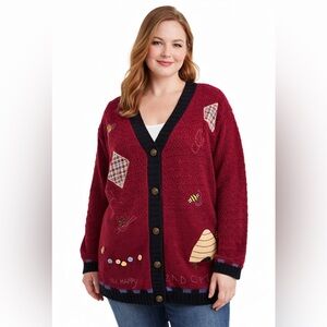 The Quacker Factory 1X Bee Happy Cardigan Sweater Burgundy Ramie Cotton